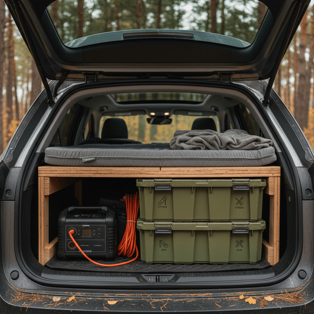 Organized EV camping setup with rear seats folded, sleeping platform, storage bins and a portable power station behind the front seats