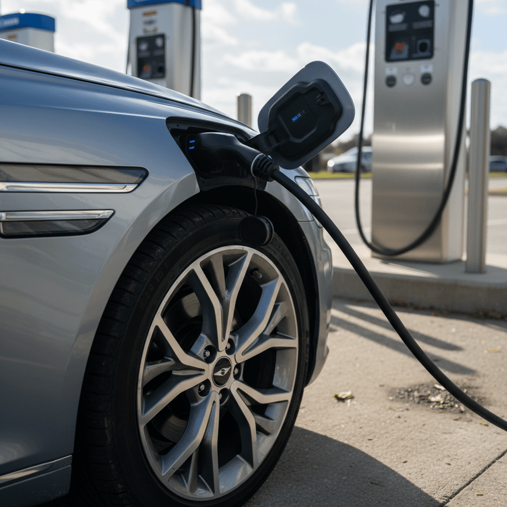 Genesis Electrified G80 plugged into a DC fast charger showing charge port and wheel