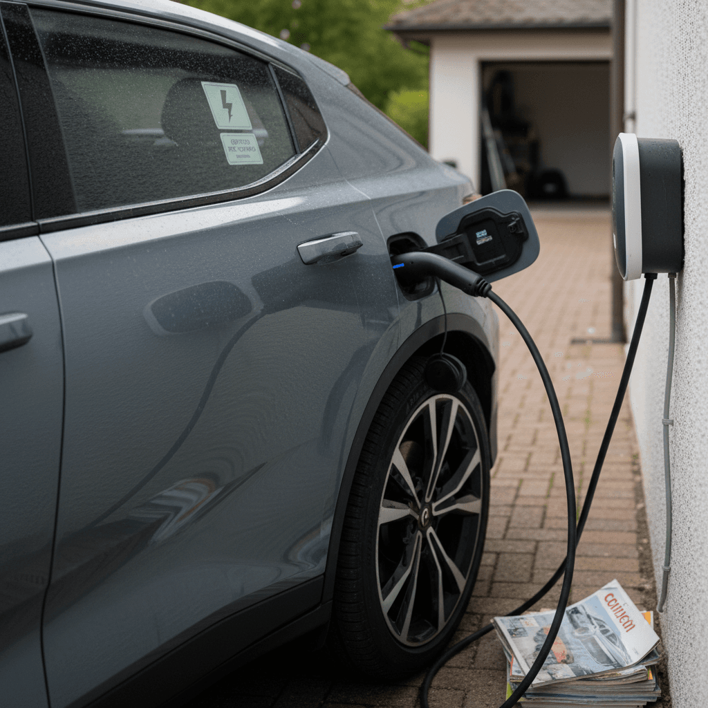 White Polestar 2 charging at a home wallbox in a modern driveway