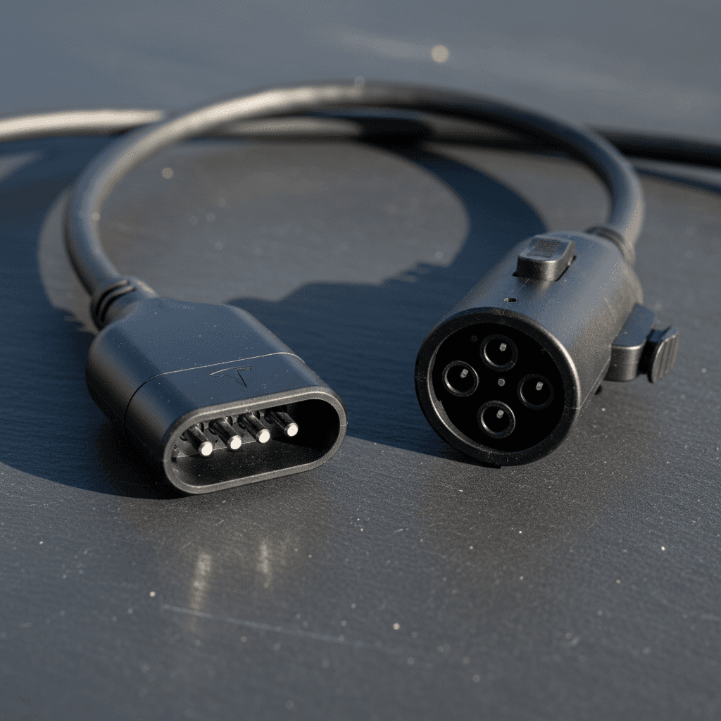 Side-by-side comparison of NACS, CCS1, and J1772 EV charging connectors on a dark surface