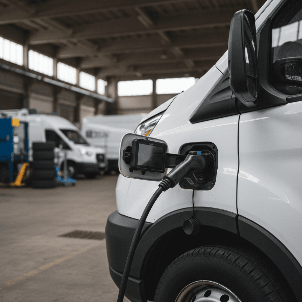 Electric commercial van plugged into a charging station at a fleet depot at night