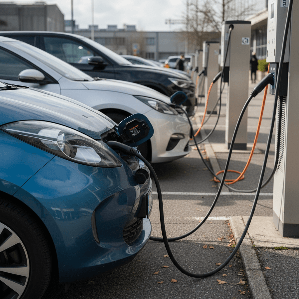 Row of electric vehicles charging at public stations in a US city parking lot
