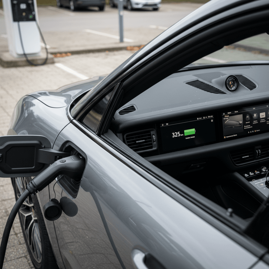 2025 Porsche Macan Electric plugged into a DC fast charger showing remaining range and battery percentage on the central display