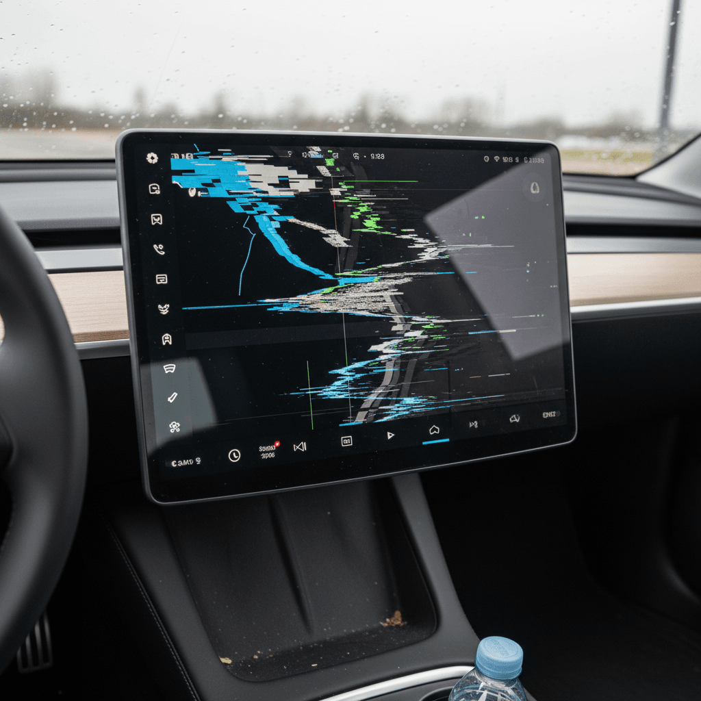 Close-up of a Tesla Model 3 center touchscreen showing frozen navigation and user interface elements while parked