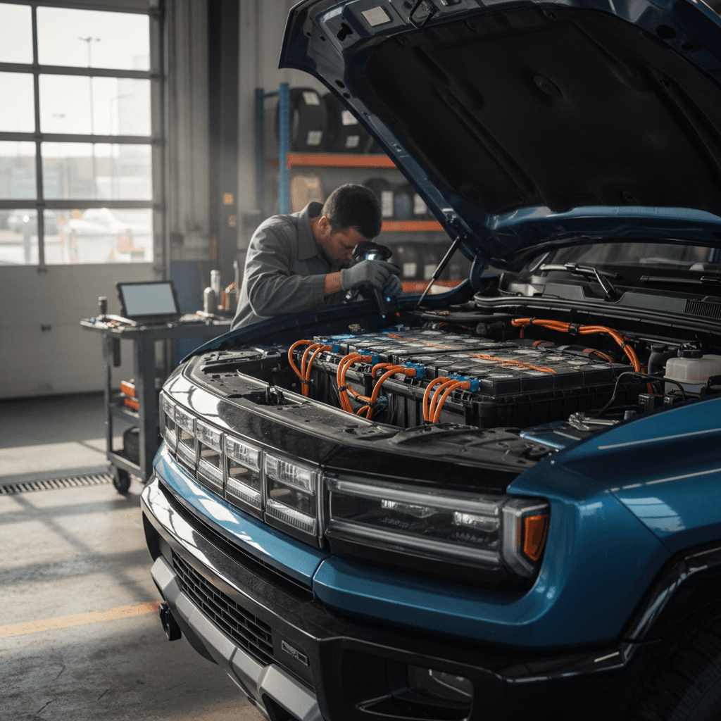 GMC Hummer EV in a dealership service bay with technician inspecting the high-voltage battery area under the hood