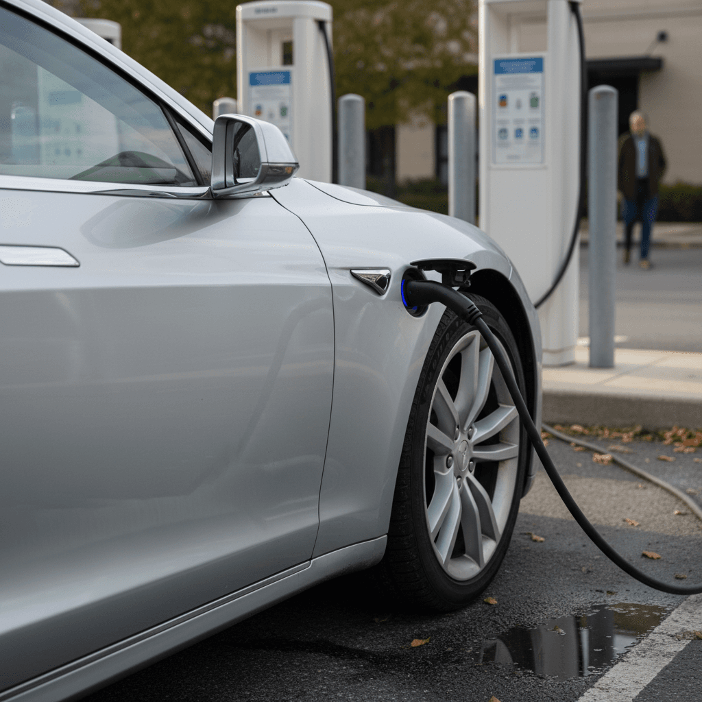 Used 2016 Tesla Model S showing door handle and wheel at a public charger