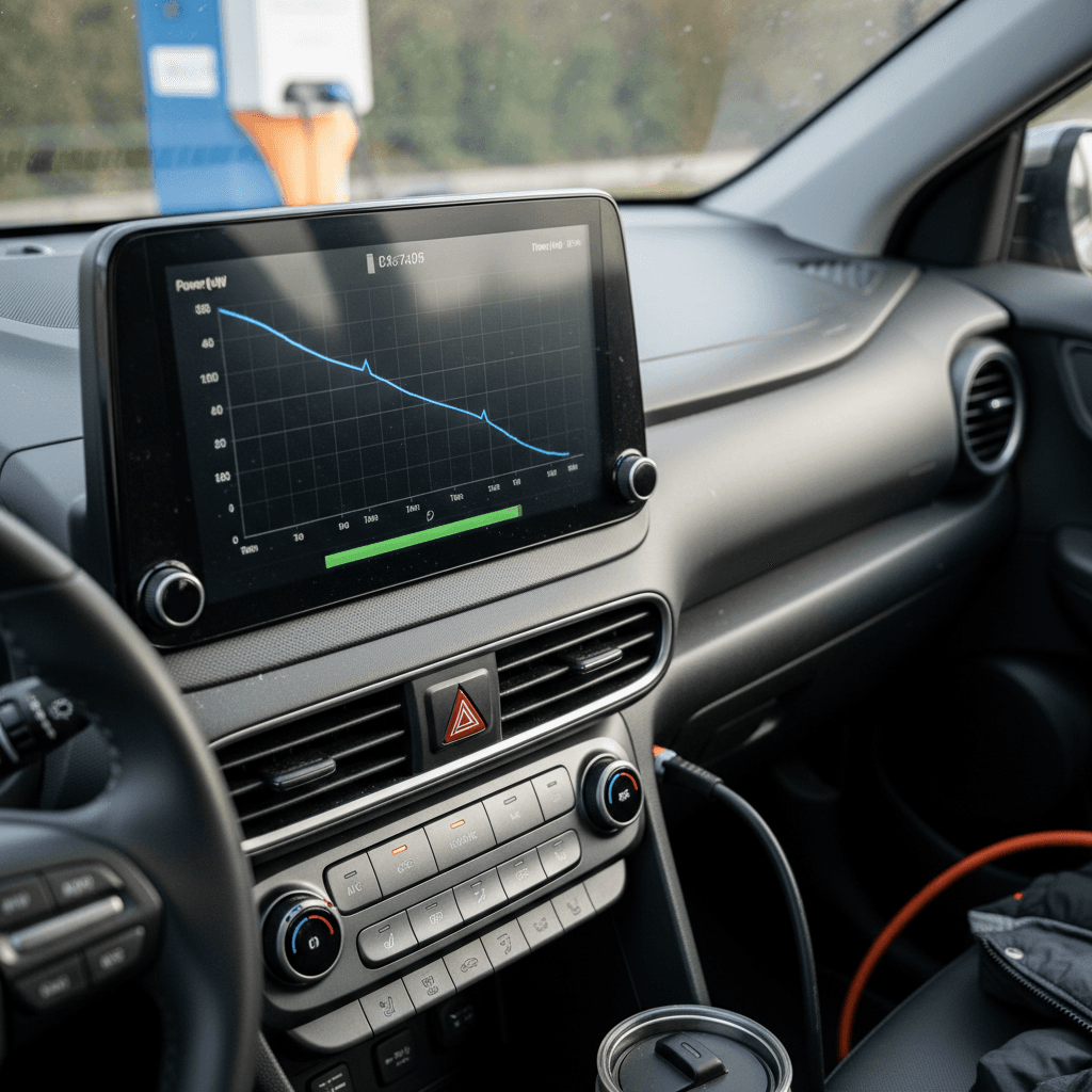 Ford Mustang Mach-E infotainment screen showing active DC fast charging session with state of charge and time remaining