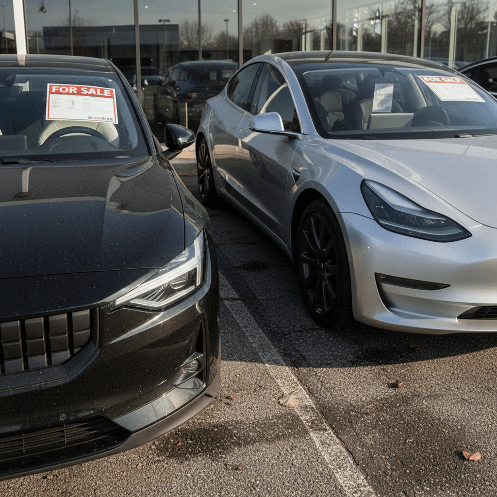 Used Polestar 2 and Tesla Model 3 parked side by side with for-sale stickers on the windshields