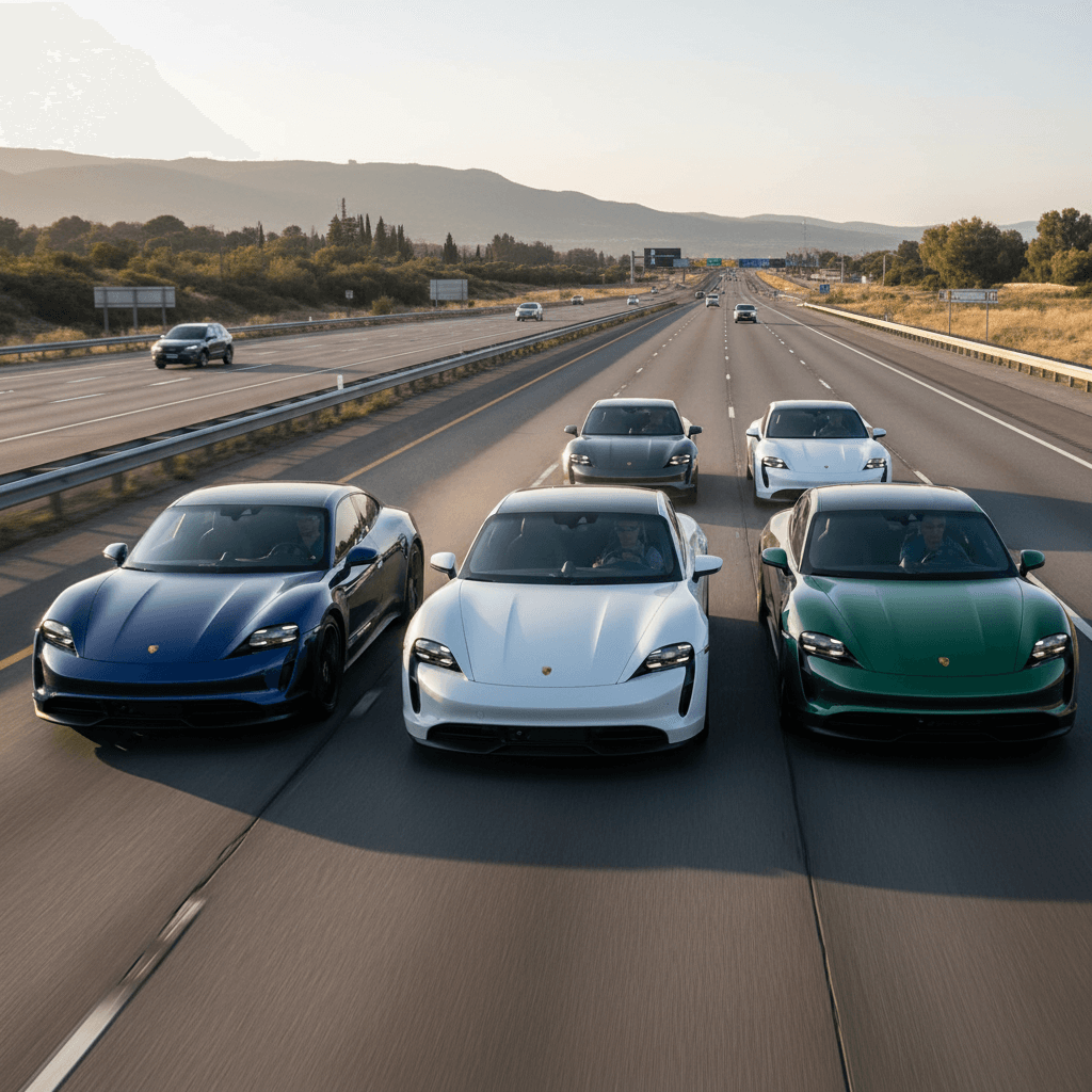 Four Porsche Taycan trims, 4S, GTS, Turbo, and Turbo S, driving together on a highway, front three-quarter view