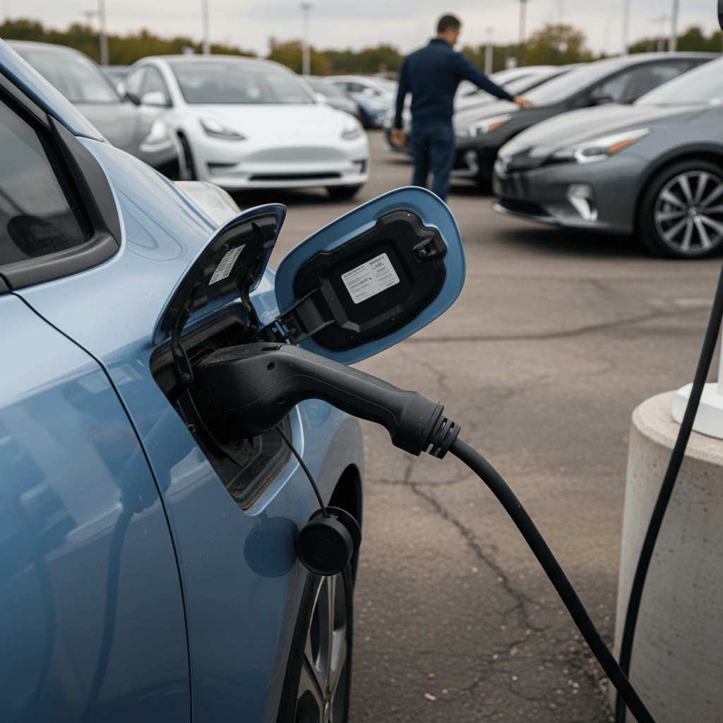 Used electric car charging at a home garage, illustrating affordable EV ownership
