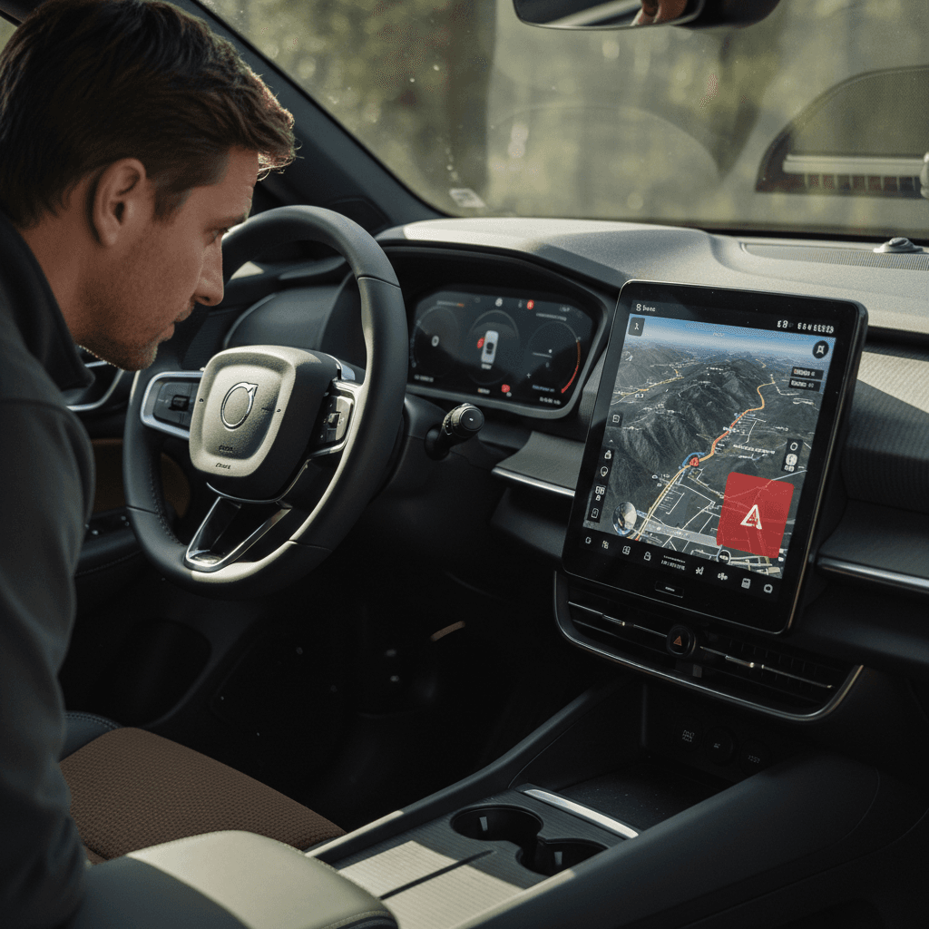 Driver in a 2025 Polestar 3 looking at a warning message on the central touchscreen while parked