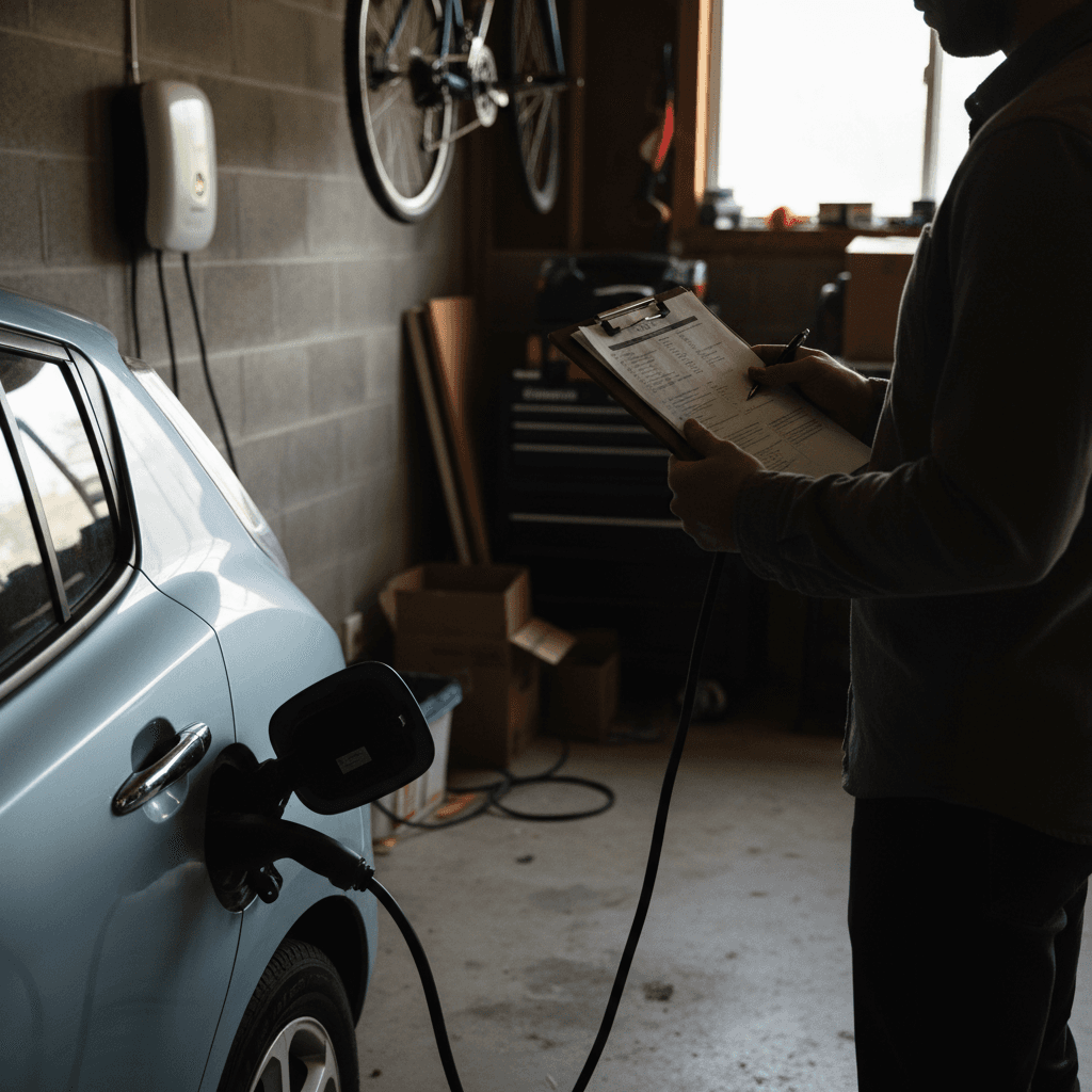Cary, NC homeowner charging a used electric car on a wall-mounted Level 2 charger in a garage while reviewing rebate paperwork.
