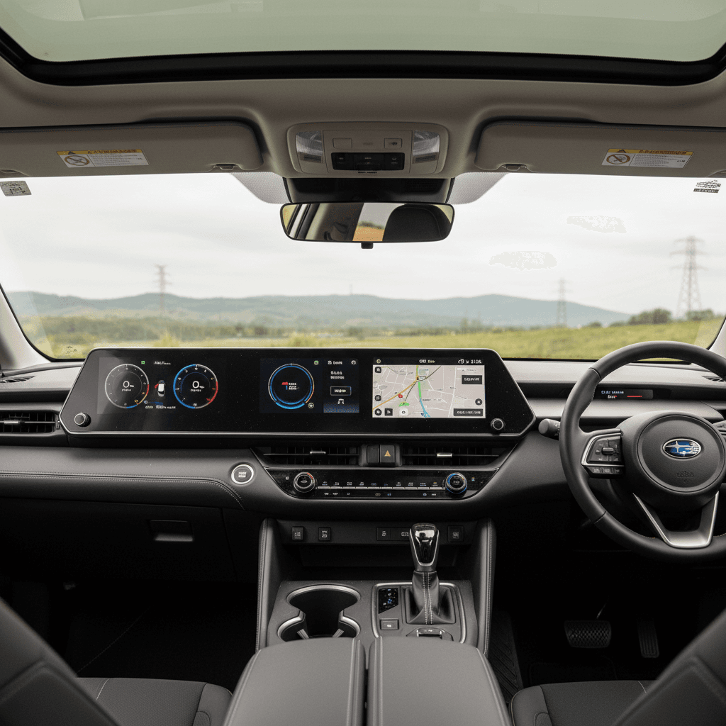 Comparison view of Toyota bZ4X and Subaru Solterra interiors highlighting dashboards and infotainment screens