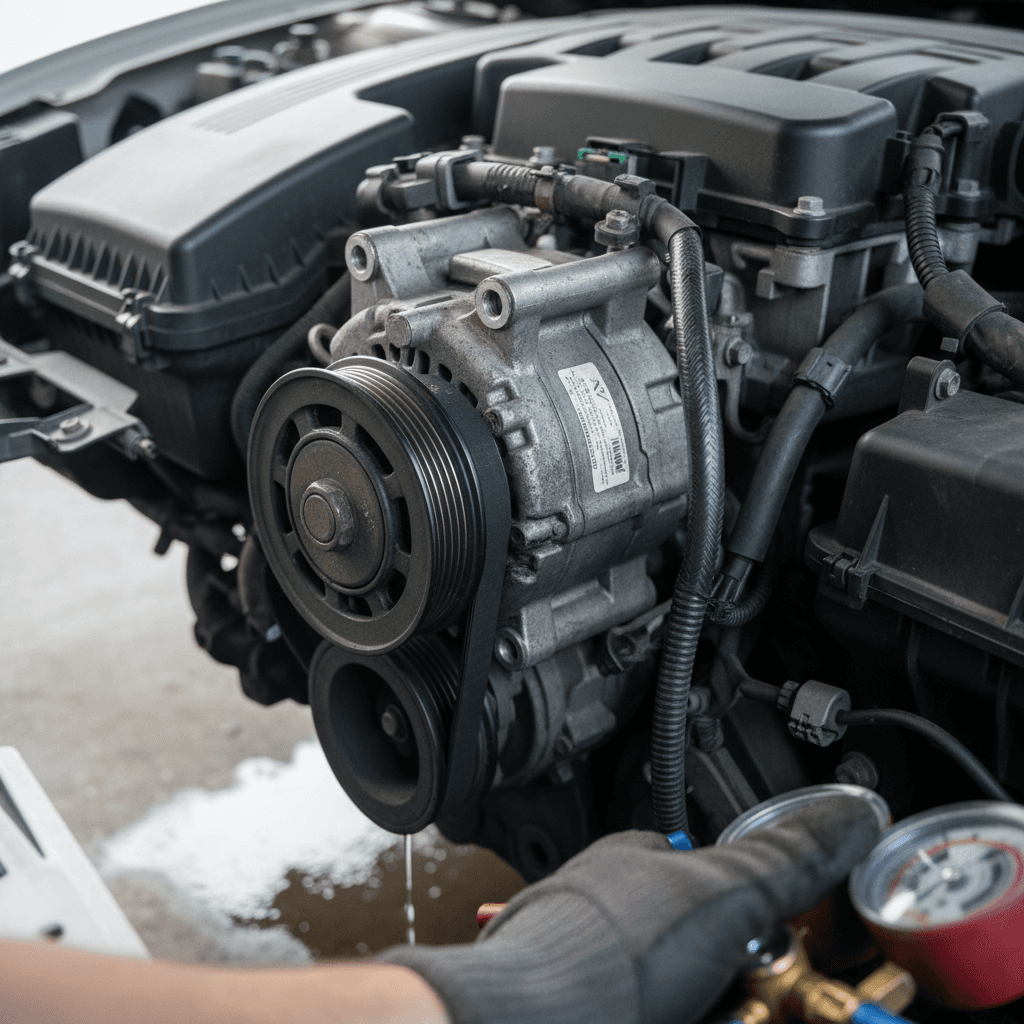 Driver adjusting car AC temperature and fan controls on the center console