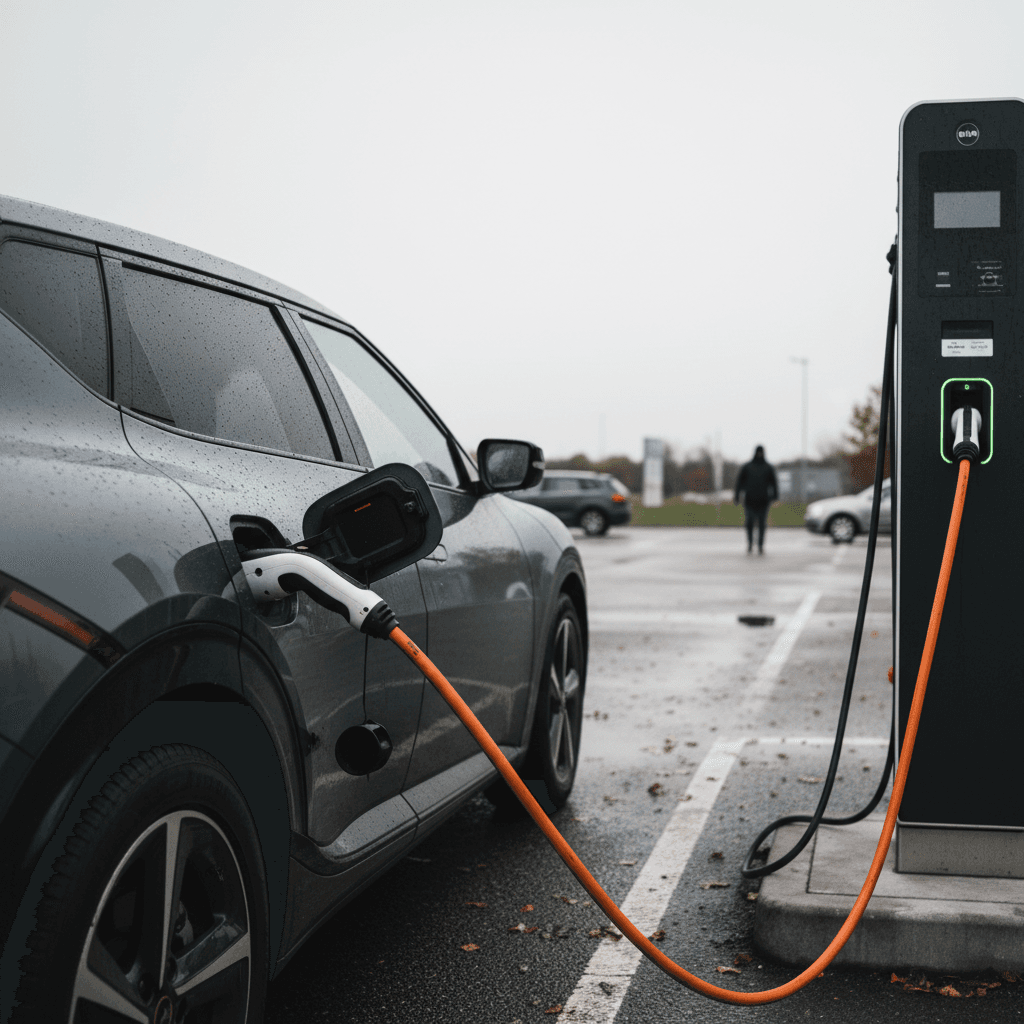 Kia EV6 plugged into a DC fast charger at a highway charging plaza, showing charging status on the screen