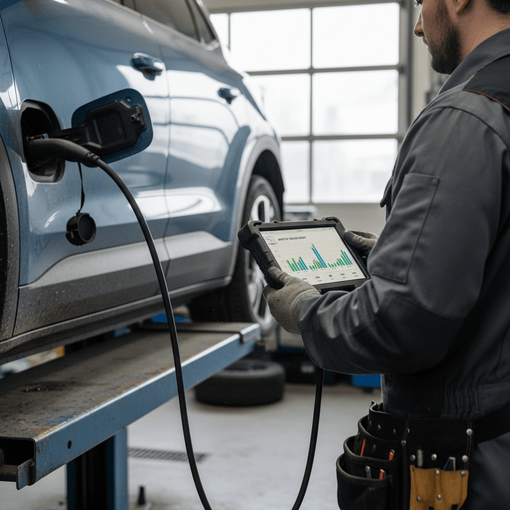 Technician using a tablet to run a detailed battery health scan on a used electric vehicle inside a clean inspection bay