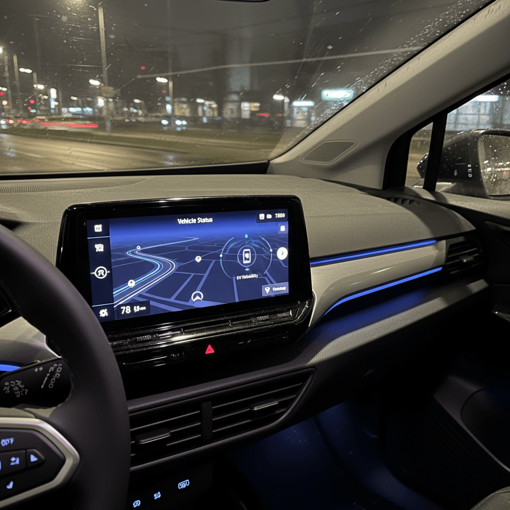 Driver interacting with the Polestar 2 infotainment screen while the car is parked