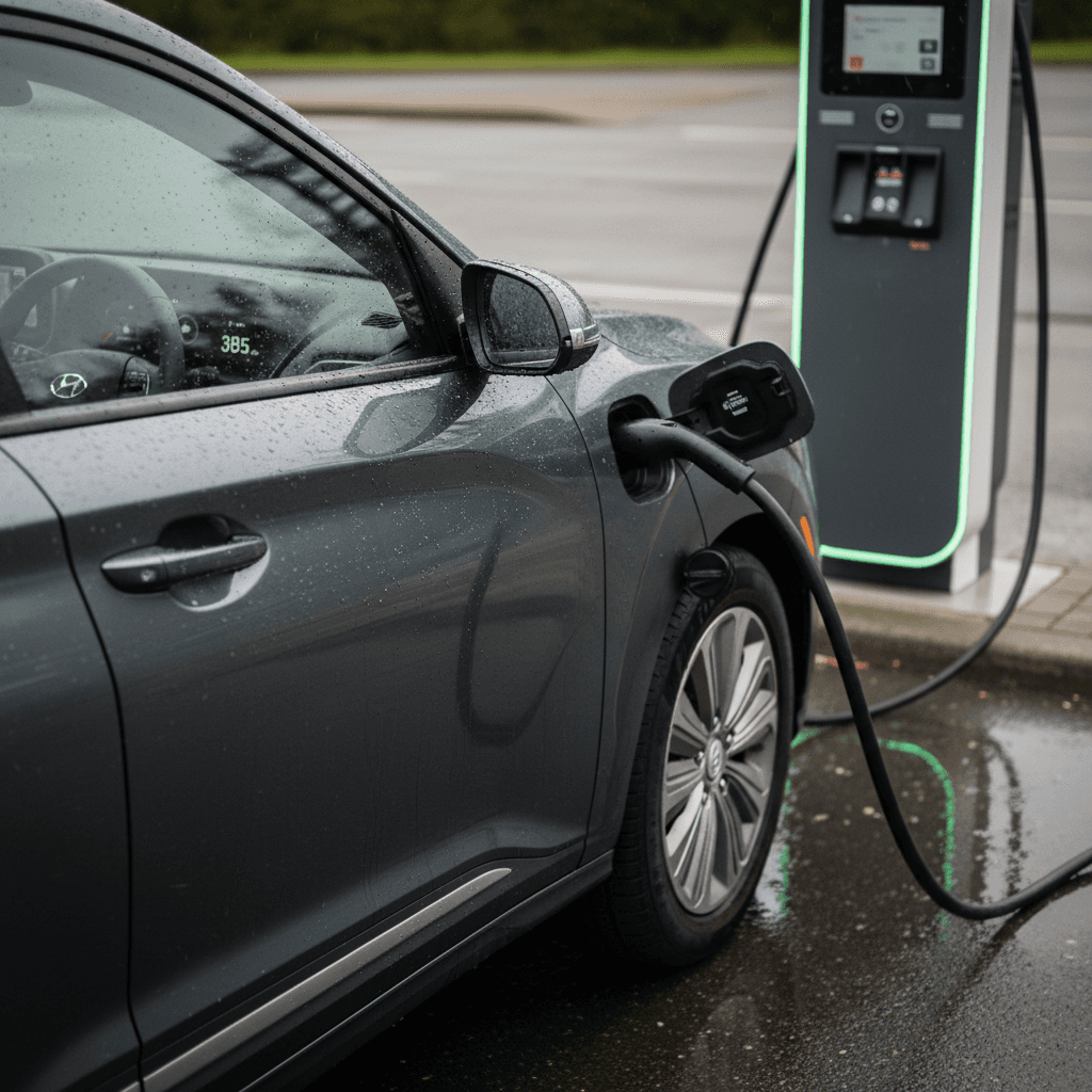2024 Hyundai Kona Electric plugged into a public fast charger with range estimate shown on the digital dashboard