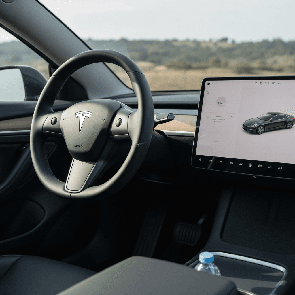 Close view of a 2024 Tesla Model 3 steering wheel showing touch-sensitive turn signal buttons and minimalist dashboard layout