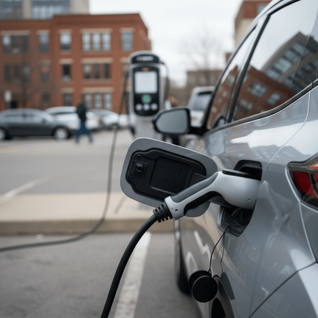 2023 Chevy Bolt EV plugged into a public Level 2 charging station in an urban parking lot