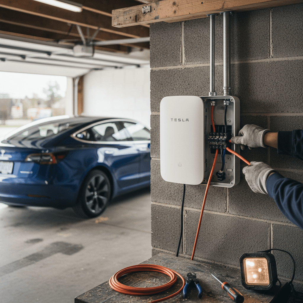 Dual-port home Level 2 EV charger with two cables plugged into two electric cars in a residential driveway