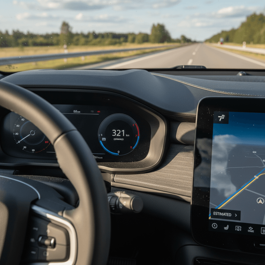 2021 Polestar 2 dashboard displaying remaining range estimate and energy usage while driving