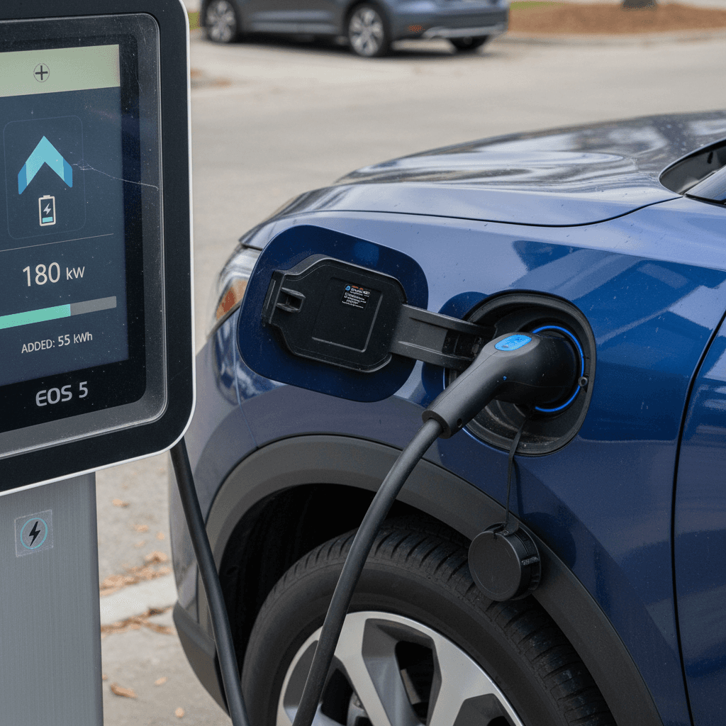 2025 Honda Prologue plugged into a DC fast charger showing charge status on station screen