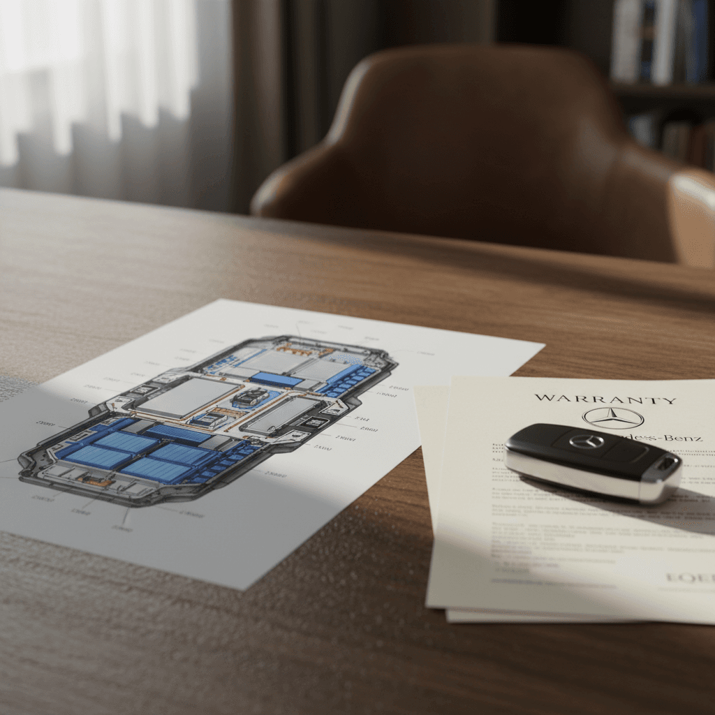 Diagram-style illustration of a Volvo XC40 Recharge battery pack under the floor with warranty documents in the foreground