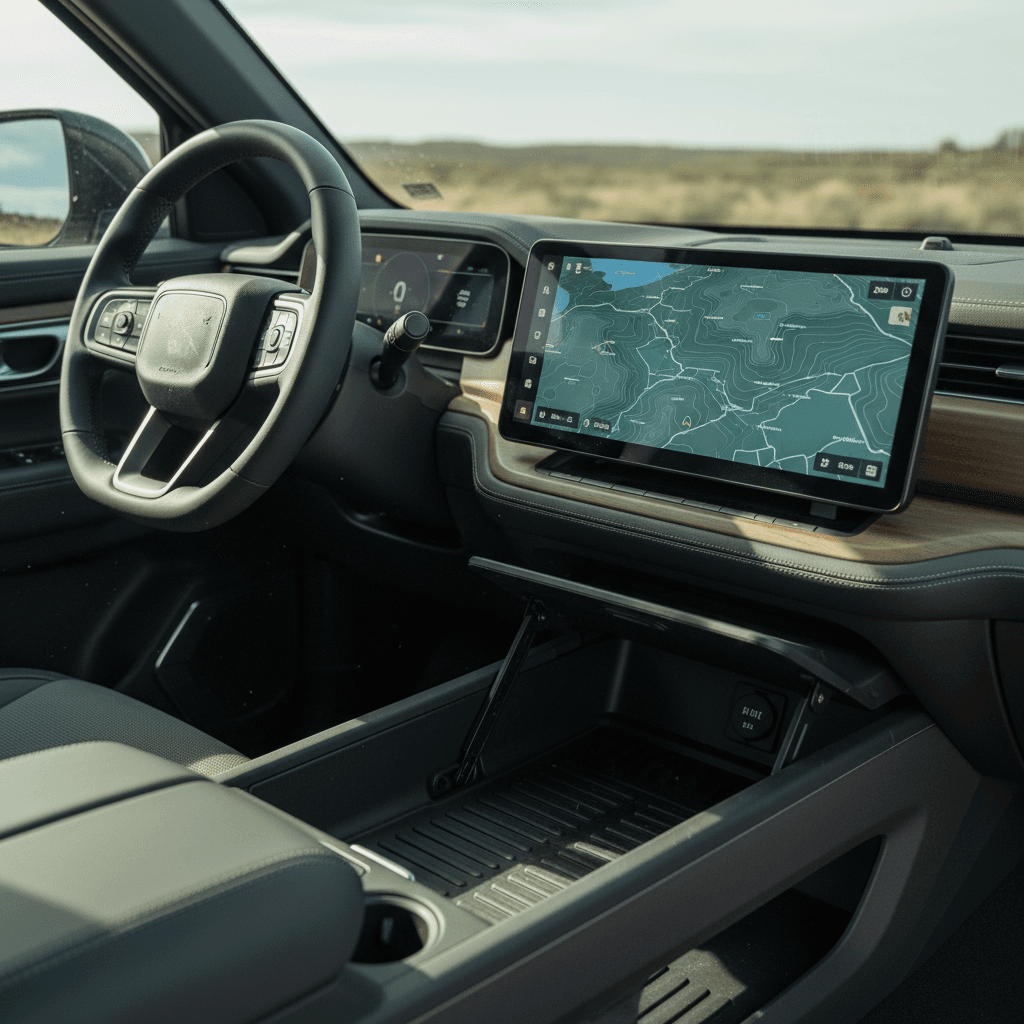 Rivian R1T interior with large central touchscreen, wood trim and modern minimalist design