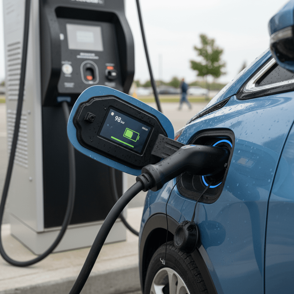 Steering wheel and digital dash layout of a Chevy Bolt EUV driving through the city