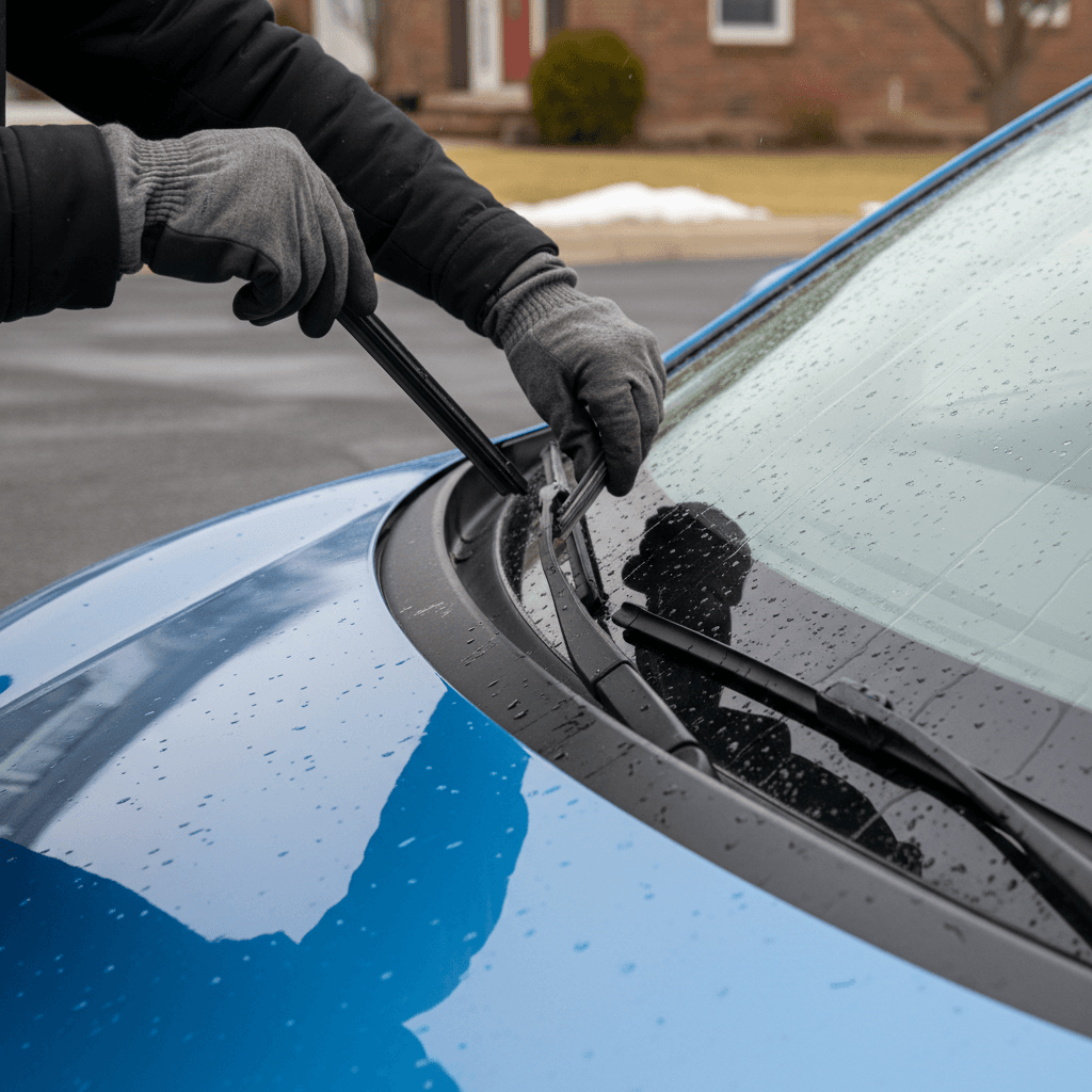 Driver replacing the front wiper blade on a modern electric vehicle parked in a driveway