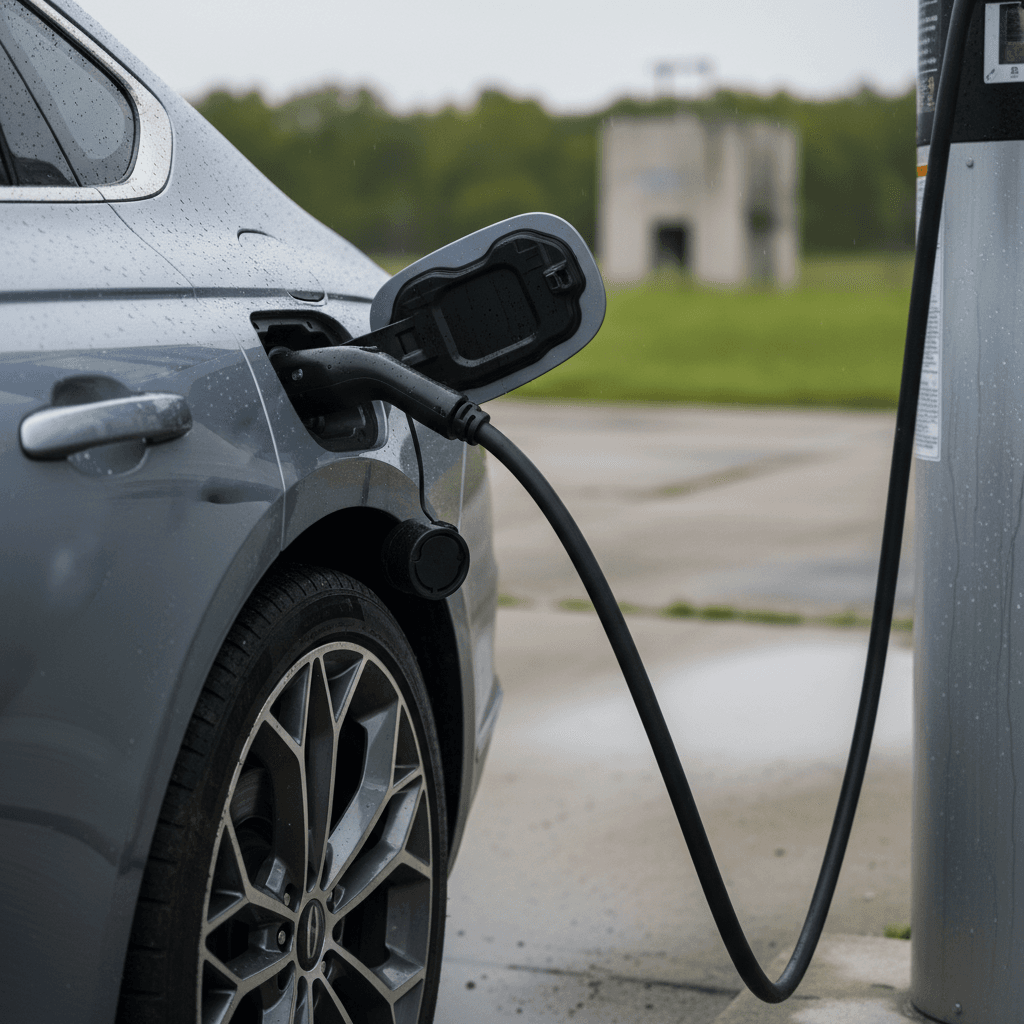 Front three-quarter view of a 2024 Genesis Electrified G80 showing grille, wheels, and the discreetly integrated charging door near the grille.
