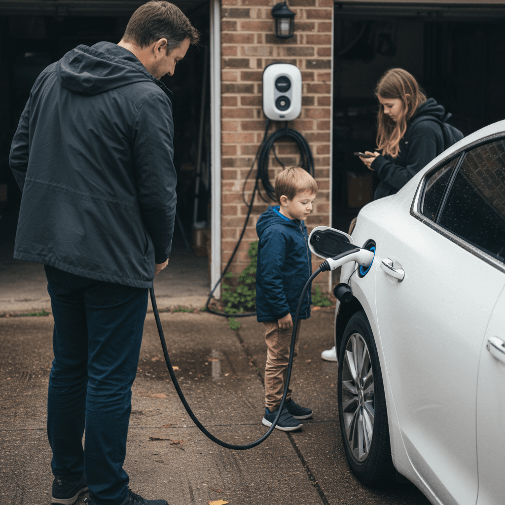 Family plugging an electric powered car into a home charger in their driveway