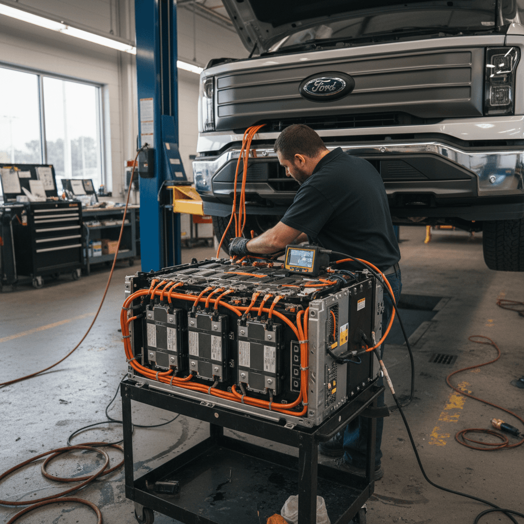Technician inspecting an opened Ford F-150 Lightning high-voltage battery pack on a lift