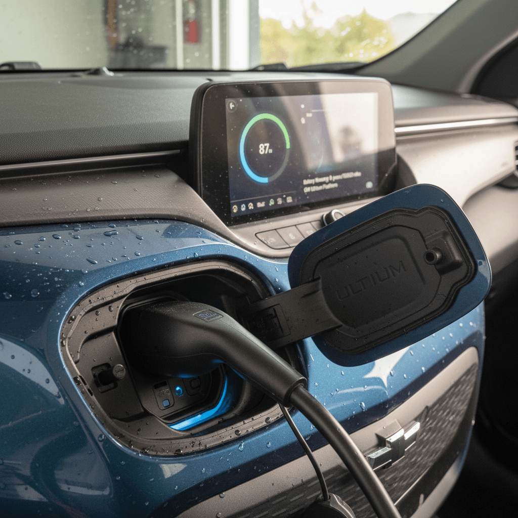 Close-up of Chevy Equinox EV charging port and onscreen battery status information