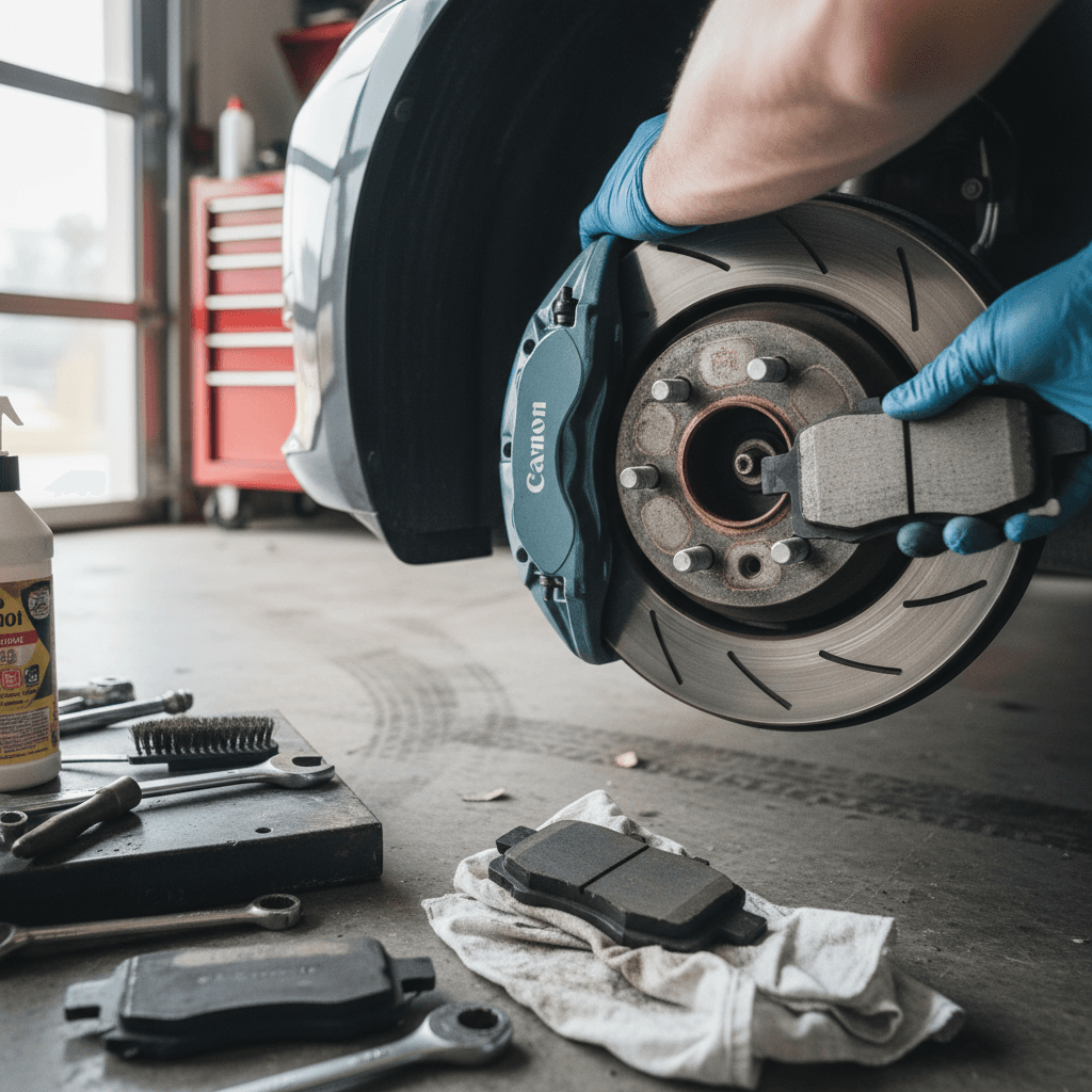 Electric vehicle driving through a city using regenerative braking to slow down