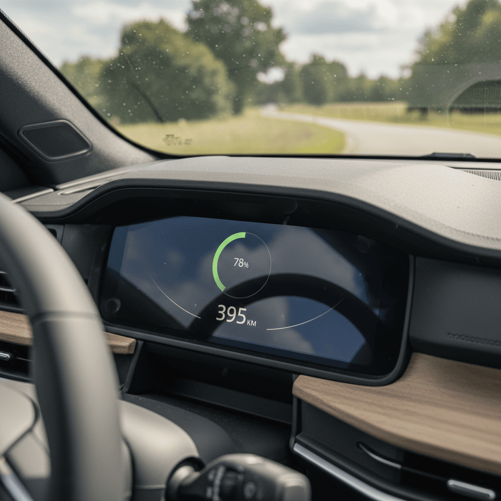 Digital instrument cluster of a Polestar 3 showing battery percentage, remaining range, and current energy consumption during a test drive