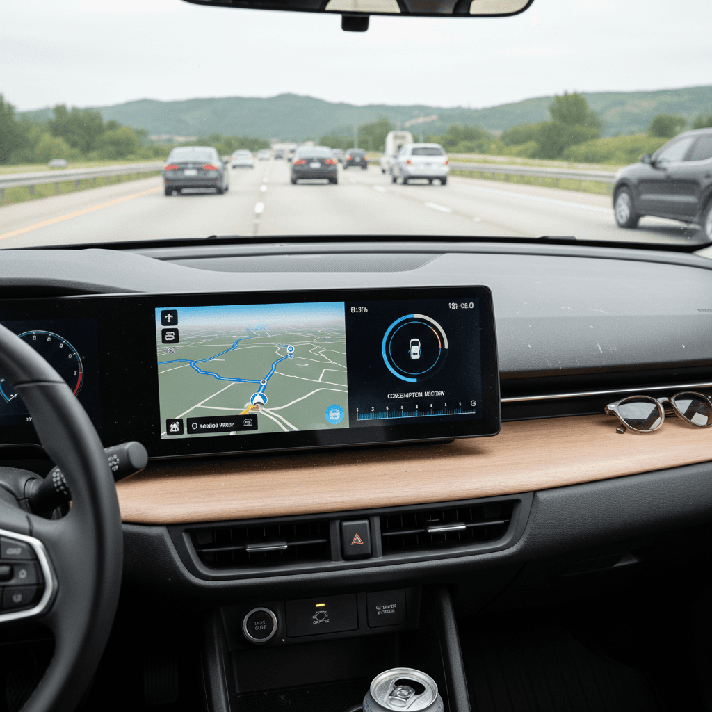 Driver’s view from inside a Honda Prologue cruising on the highway, showing the digital cluster, large center screen, and navigation route for a road trip.