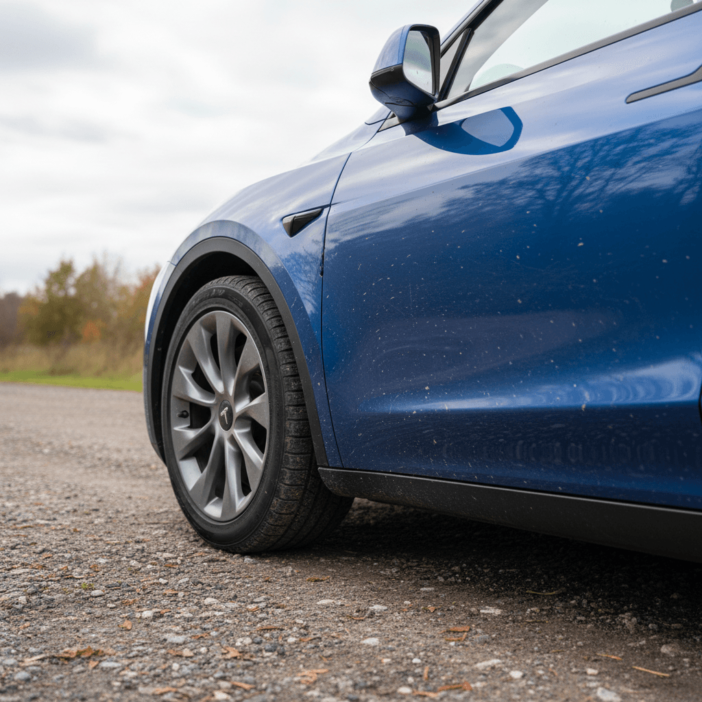 Close-up of Tesla Model Y wheel and body panel on a rough asphalt road, highlighting ride and noise concerns