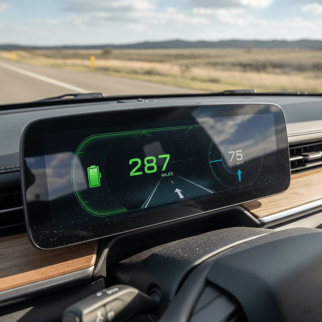 Rivian R1T digital dashboard showing remaining battery range and trip efficiency while cruising on the highway