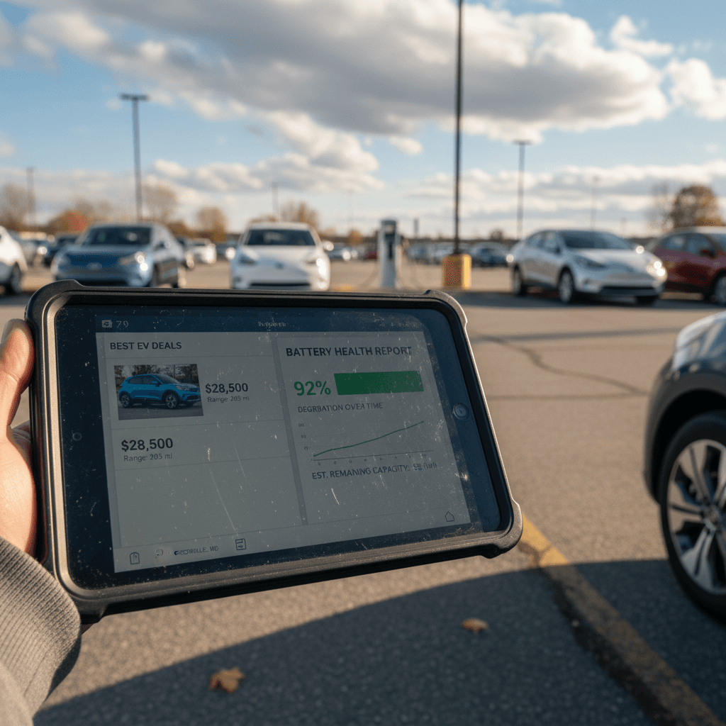 Technicians at an EV-focused dealership inspecting a row of used electric vehicles in a service bay with diagnostic tools