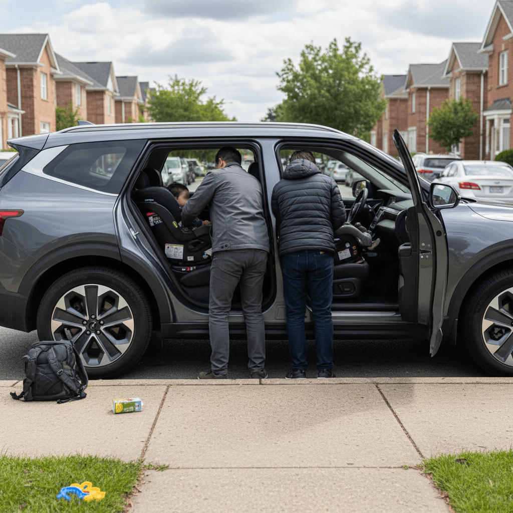 Kia EV9 three-row electric SUV parked at the curb while parents secure children in car seats, highlighting its safety-focused family use.