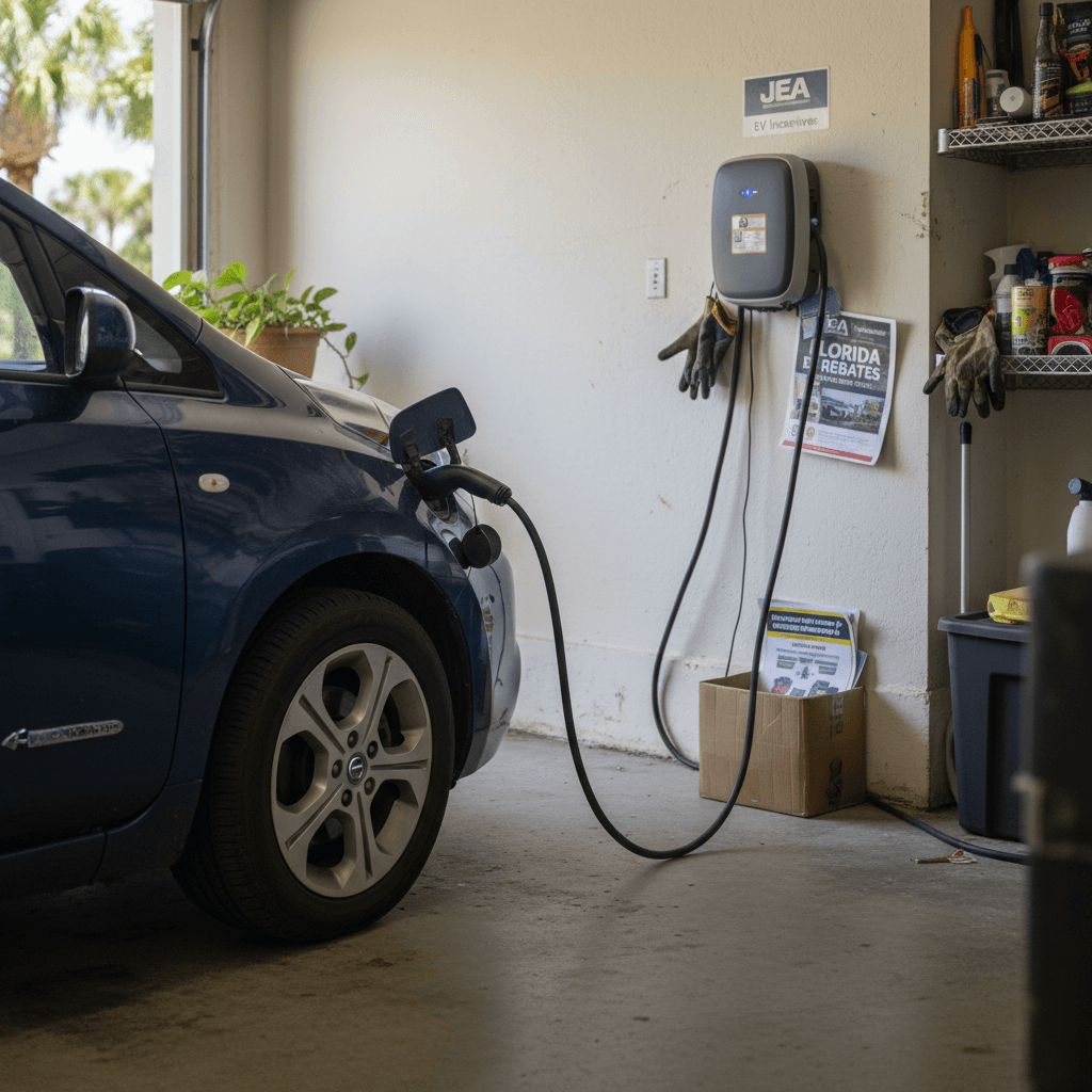 Used electric vehicle parked in a Jacksonville driveway connected to a Level 2 wall charger in a home garage