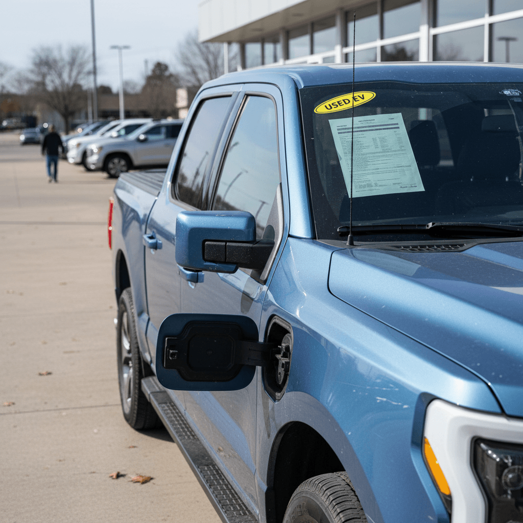 Used Ford F-150 Lightning parked on a dealer lot with price tags in the window