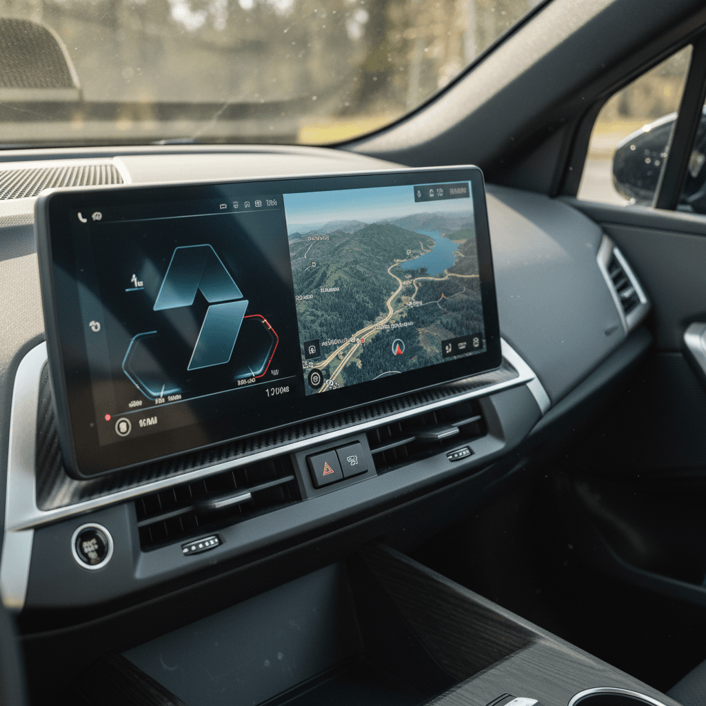 BMW iX dual curved display showing the iDrive settings menu where software updates and resets can be managed