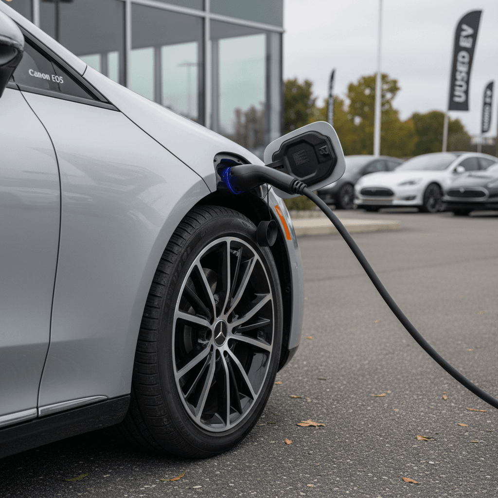Close-up of a Mercedes EQS plugged into a charger at a dealership lot