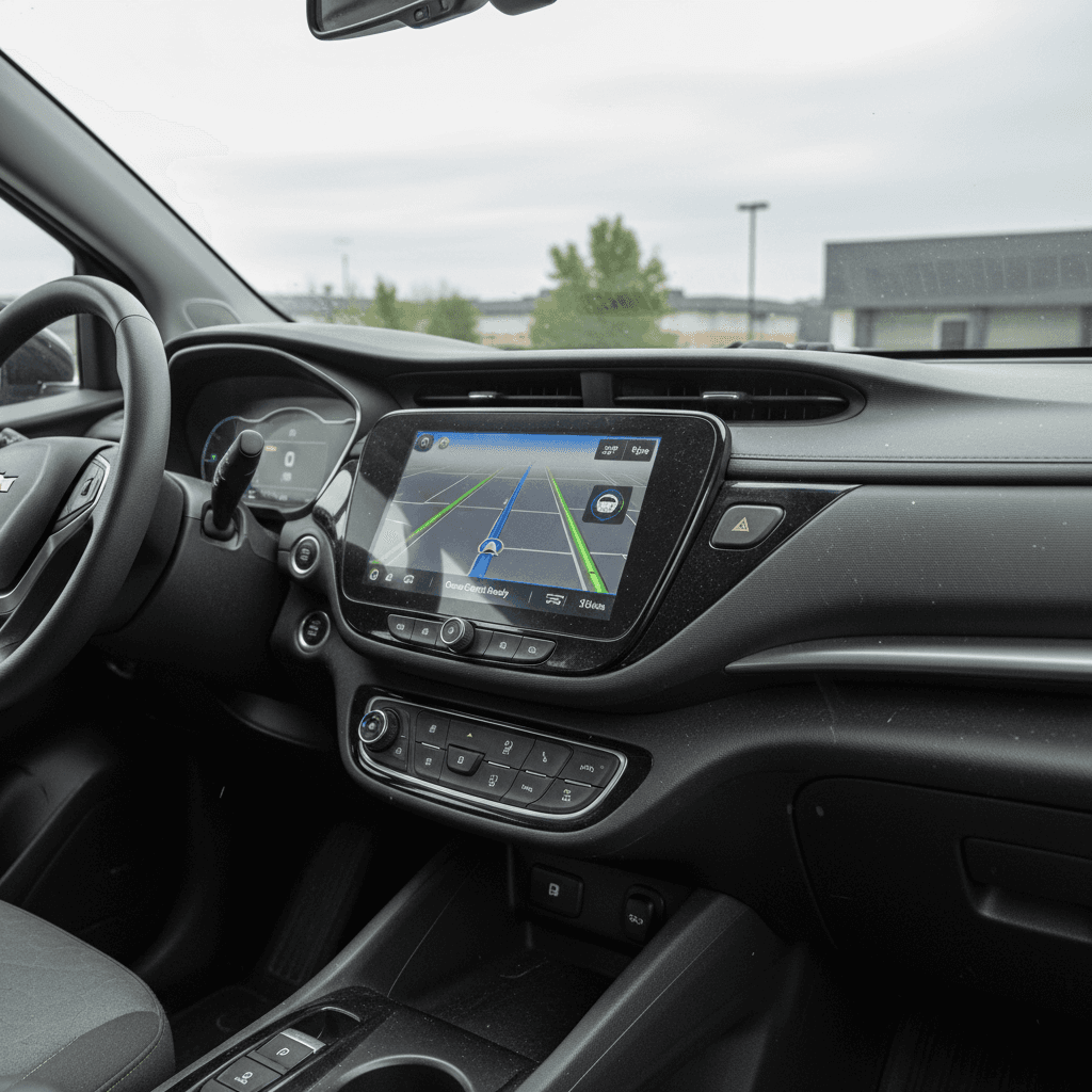 Interior of a 2023 Chevy Bolt EUV showing the central touchscreen, digital gauge cluster, and driver-assistance indicators while parked