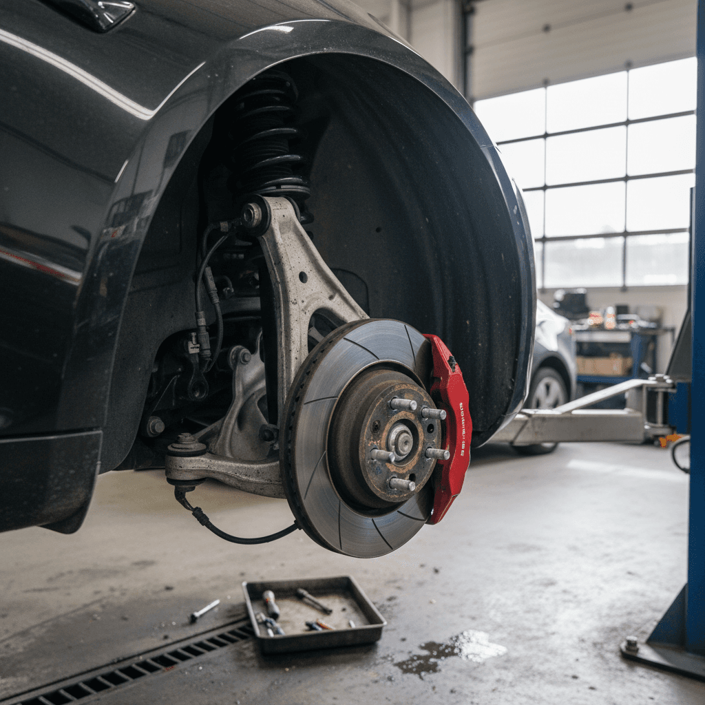 Mechanic inspecting the front suspension and wheel area of a 2022 Tesla Model 3 on a lift