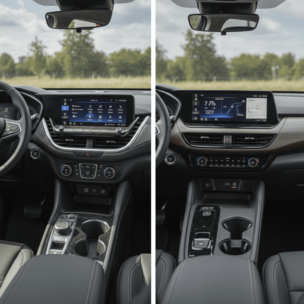 Side-by-side interior comparison of Chevy Equinox EV and Nissan Ariya dashboards with large infotainment screens