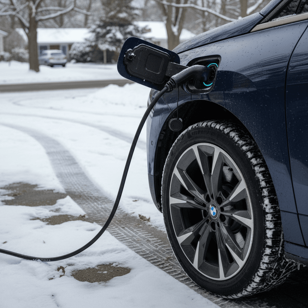 BMW iX electric SUV plugged into a home charger in a snowy suburban driveway